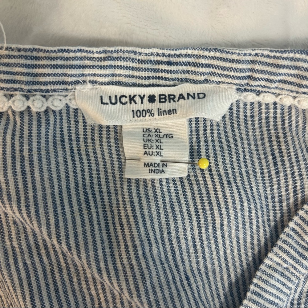 Lucky Brand Blue Striped V Neck Asymmetrical Tiered Linen Dress sz XL Coastal - Picture 2 of 14